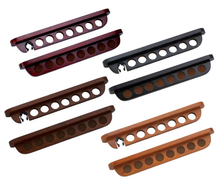 7 Pool Cue Stained Wood Wall Rack with Clip for Bridge Cue 