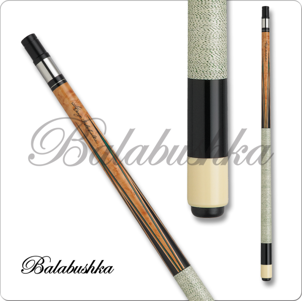 This Balabushka pool cue is licensed official by the Balabushka family of the late George Balabushka. His original construction made a huge impact on the building of quality cue sticks, and this reputation is again available in this cue stick reproduction. With a classic simple design of ebony points with red and green outlines on ebony, and a white and black speckled Irish linen wrap, this cue is an official replica of the original. Featuring a 13mm professional leather tip, and a pro taper, this cue assures effective play along with its high level of collector's value. All Balabushka Cues come with a Certificate of Authenticity and George Balabushka joint protectors and velvet sleeve.